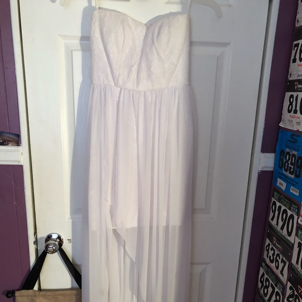 Strapless lace high low white dress